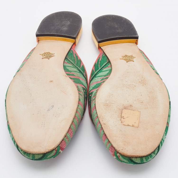 مملوكة مسبقًا Charlotte Olympia Multicolor Flamingo Embroidered Fabric Flat Mules Size 39.5