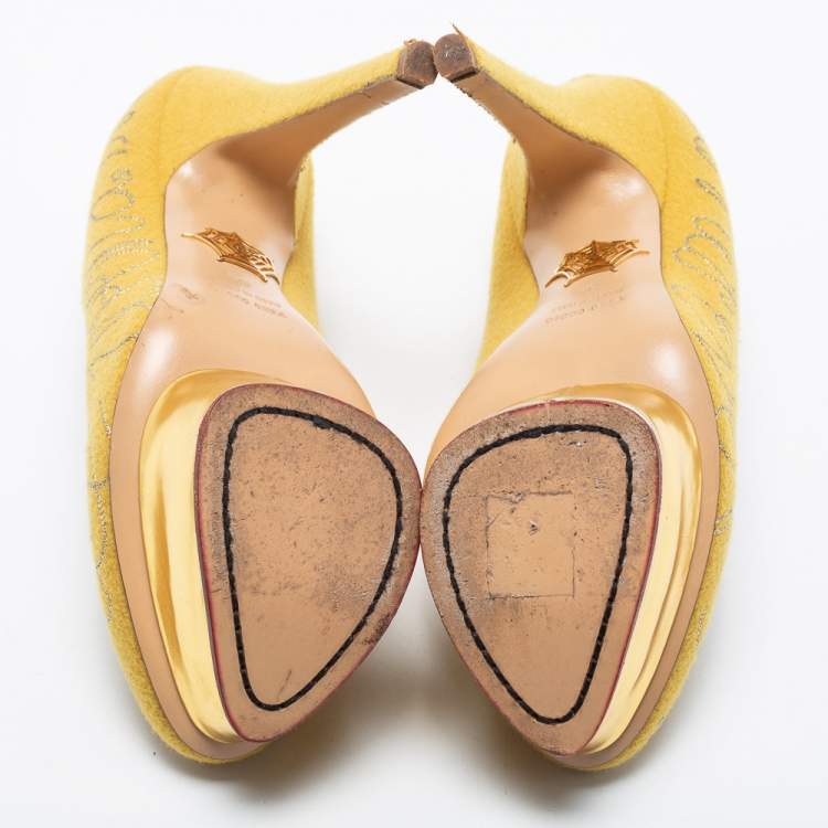 Pre Owned Charlotte Olympia Mustard Yellow Cotton Embroidered Felt Dolly Platform Pumps Size 36
