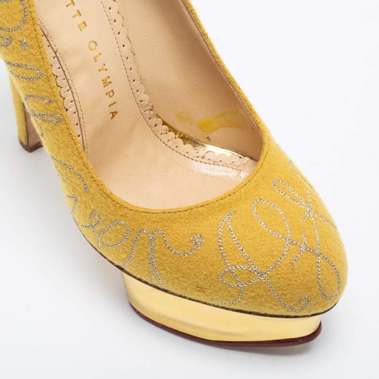 Pre Owned Charlotte Olympia Mustard Yellow Cotton Embroidered Felt Dolly Platform Pumps Size 36