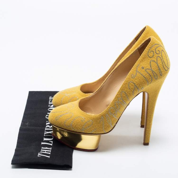 Pre Owned Charlotte Olympia Mustard Yellow Cotton Embroidered Felt Dolly Platform Pumps Size 36