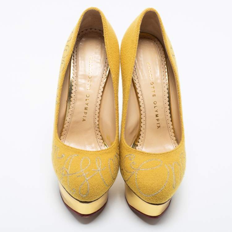Pre Owned Charlotte Olympia Mustard Yellow Cotton Embroidered Felt Dolly Platform Pumps Size 36