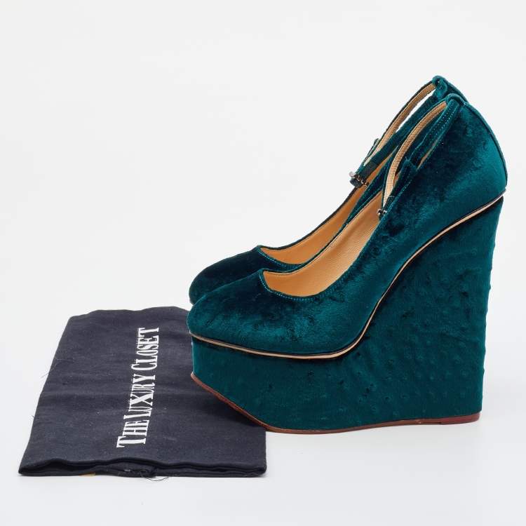 Pre Owned Charlotte Olympia Teal Green Ostrich Effect Velvet Wedge Platform Ankle Strap Pumps Size 37.5