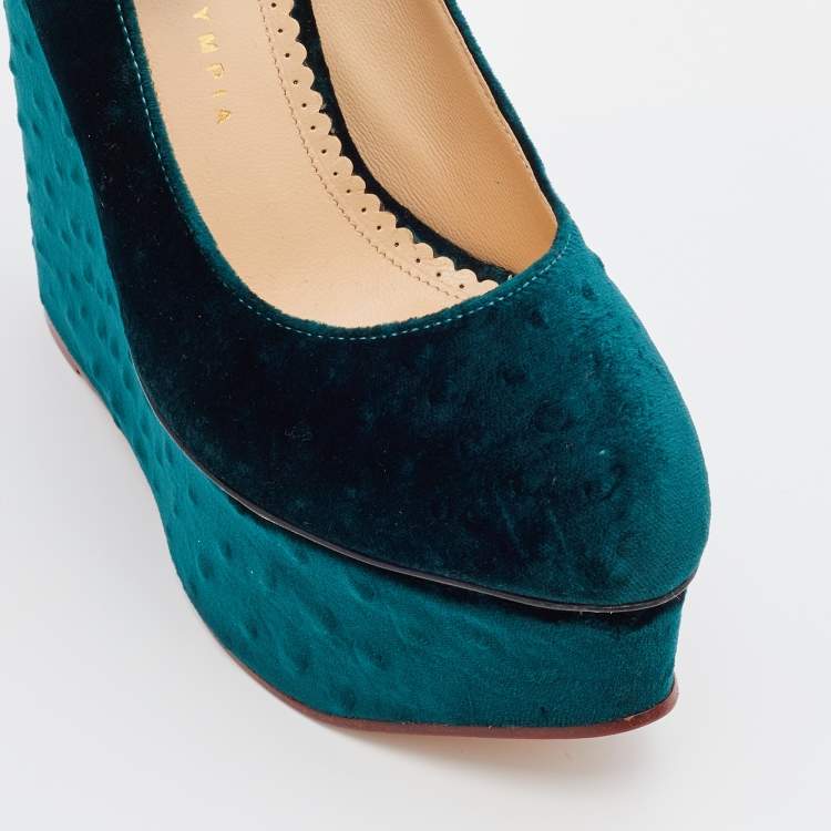 Pre Owned Charlotte Olympia Teal Green Ostrich Effect Velvet Wedge Platform Ankle Strap Pumps Size 37.5