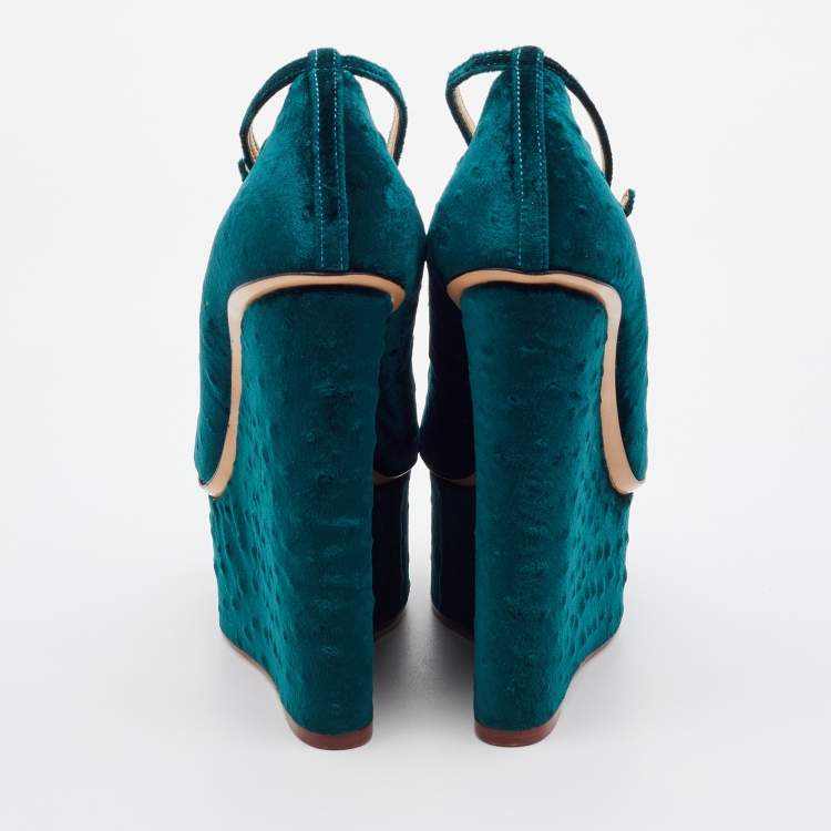 Pre Owned Charlotte Olympia Teal Green Ostrich Effect Velvet Wedge Platform Ankle Strap Pumps Size 37.5