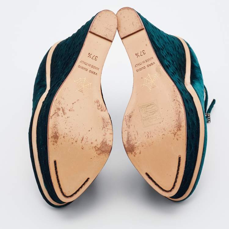 Pre Owned Charlotte Olympia Teal Green Ostrich Effect Velvet Wedge Platform Ankle Strap Pumps Size 37.5