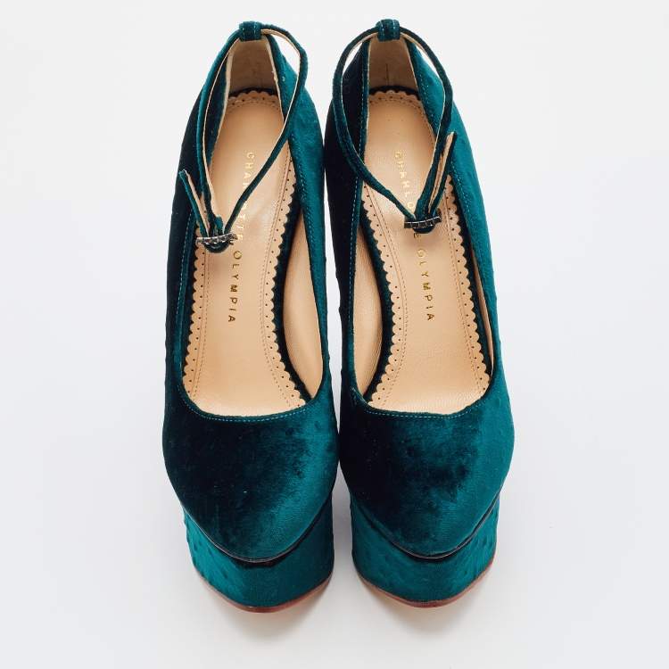 Pre Owned Charlotte Olympia Teal Green Ostrich Effect Velvet Wedge Platform Ankle Strap Pumps Size 37.5