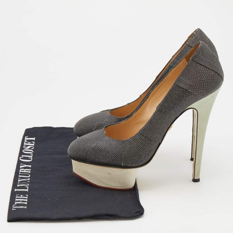 Pre Owned Charlotte Olympia Metallic Black Lizard Embossed Leather Platform Pumps Size 38