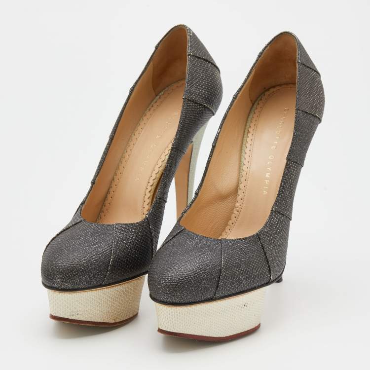 Pre Owned Charlotte Olympia Metallic Black Lizard Embossed Leather Platform Pumps Size 38