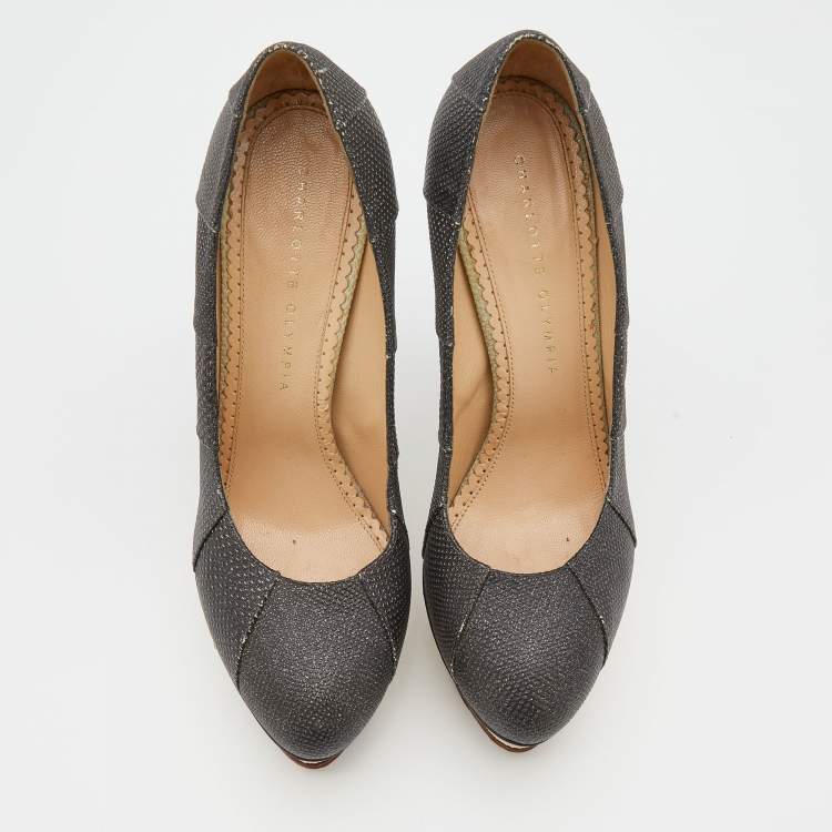 Pre Owned Charlotte Olympia Metallic Black Lizard Embossed Leather Platform Pumps Size 38