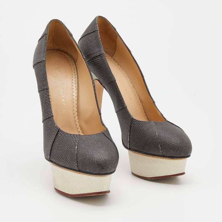 Pre Owned Charlotte Olympia Metallic Black Lizard Embossed Leather Platform Pumps Size 38