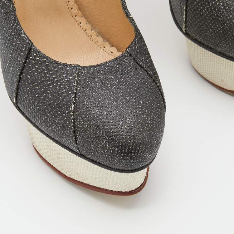 Pre Owned Charlotte Olympia Metallic Black Lizard Embossed Leather Platform Pumps Size 38