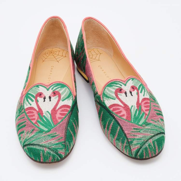 Pre Owned Charlotte Olympia Multicolor Embroidered Canvas Flamingo Smoking Slippers Size 36