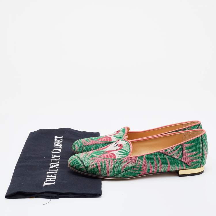 Pre Owned Charlotte Olympia Multicolor Embroidered Canvas Flamingo Smoking Slippers Size 36