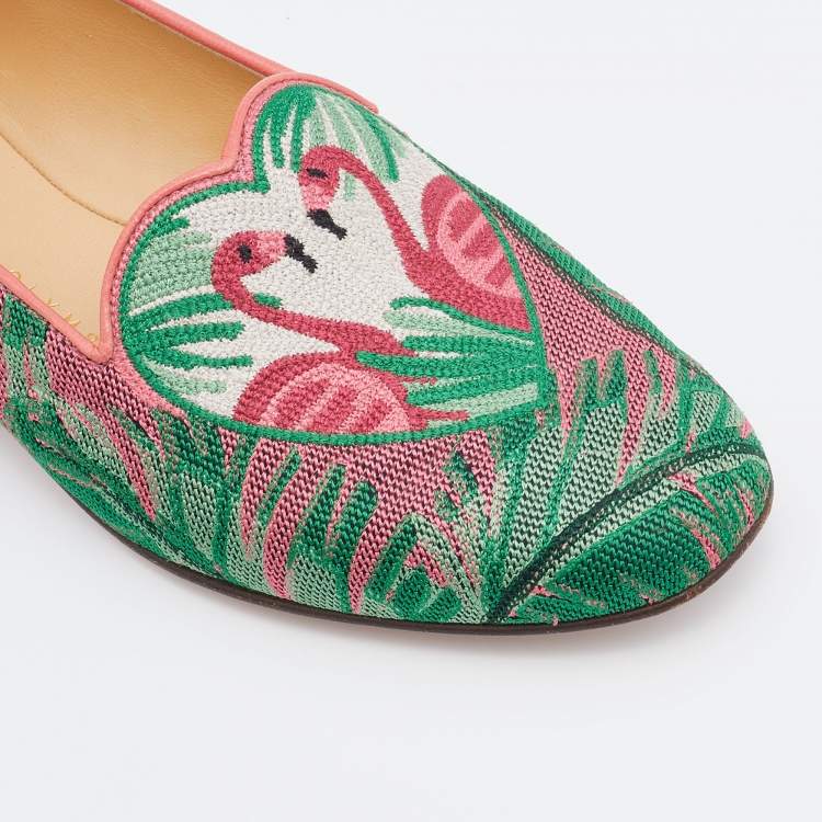 Pre Owned Charlotte Olympia Multicolor Embroidered Canvas Flamingo Smoking Slippers Size 36