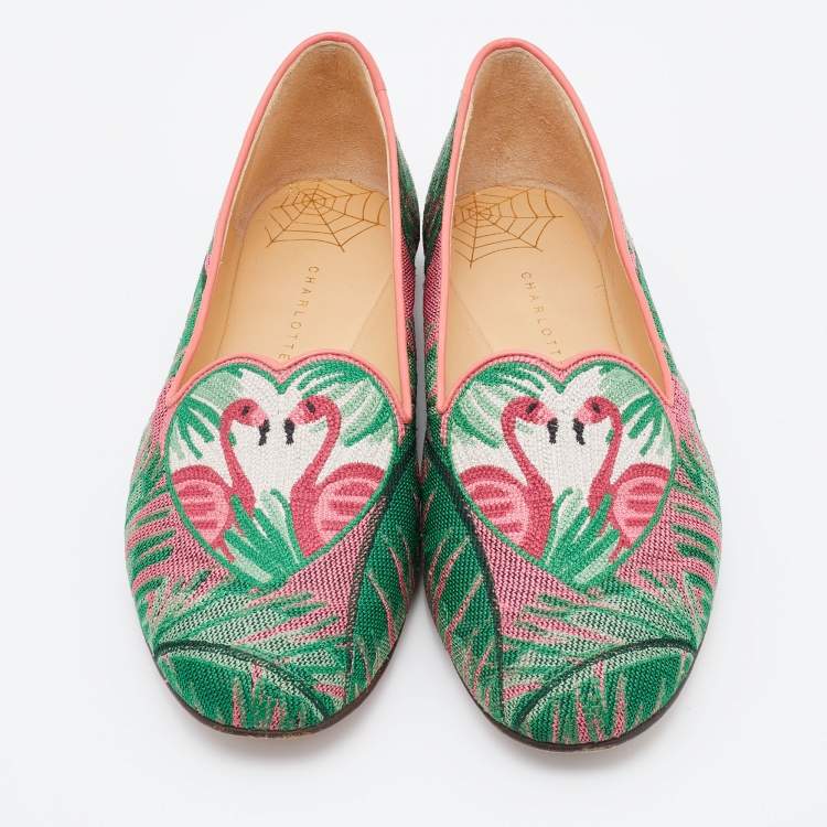 Pre Owned Charlotte Olympia Multicolor Embroidered Canvas Flamingo Smoking Slippers Size 36