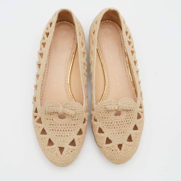 Pre Owned Charlotte Olympia Beige Woven Raffia Cut Out Ballet Flats Size 37