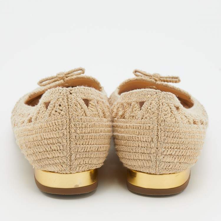 Pre Owned Charlotte Olympia Beige Woven Raffia Cut Out Ballet Flats Size 37