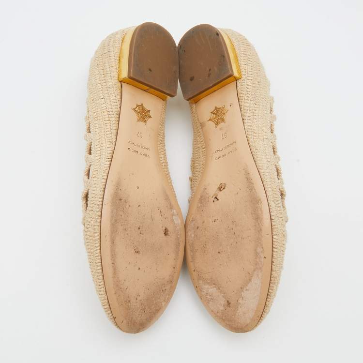 Pre Owned Charlotte Olympia Beige Woven Raffia Cut Out Ballet Flats Size 37