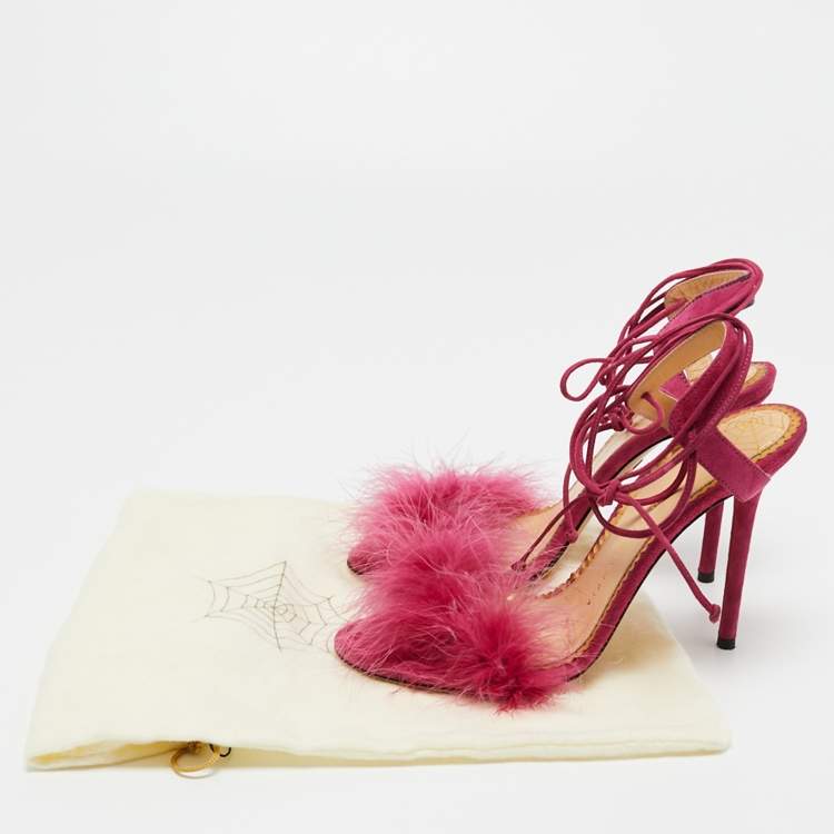 Pre Owned Charlotte Olympia Pink Suede and Fur Ankle Wrap Sandals Size 38