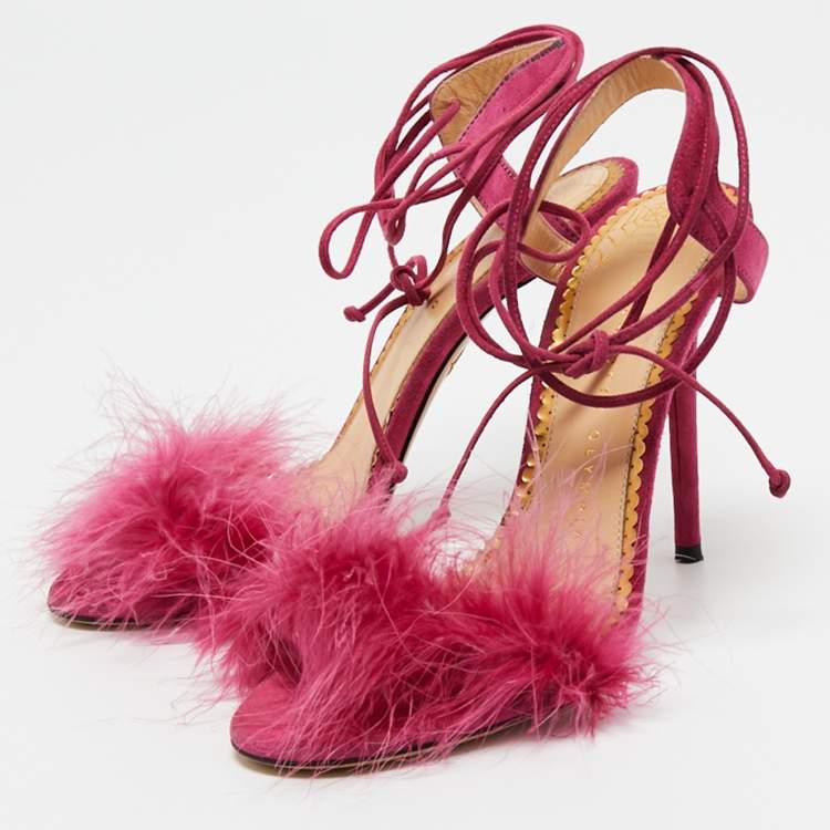 シャルロットオリンピア　サンダル　38 Charlotte Olympia Pink Suede and Fur Ankle Wrap Sandals Size
