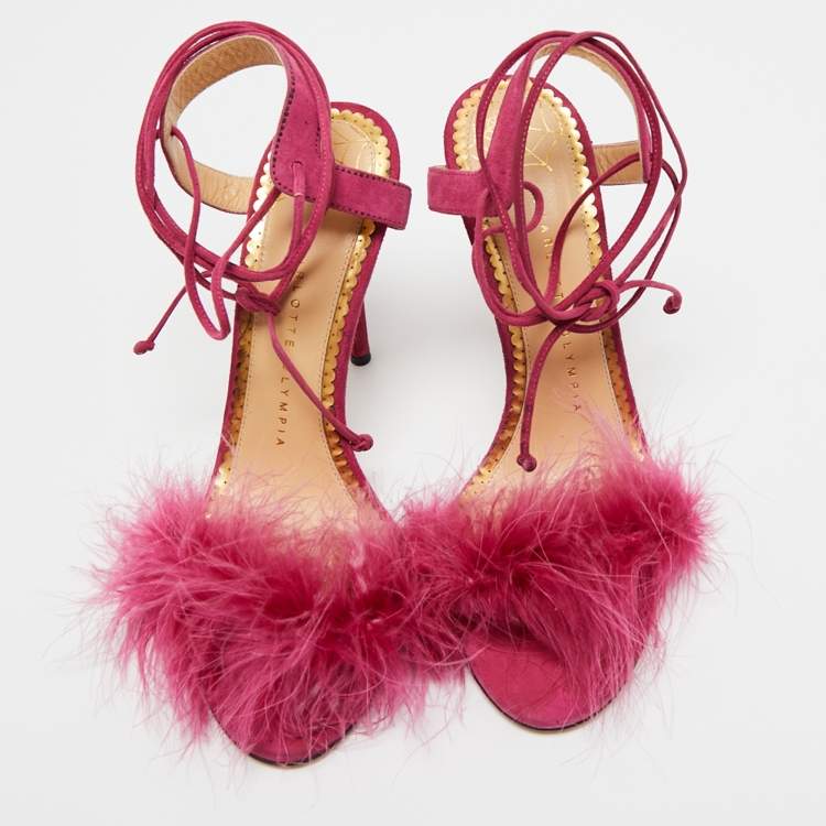 Pre Owned Charlotte Olympia Pink Suede and Fur Ankle Wrap Sandals Size 38