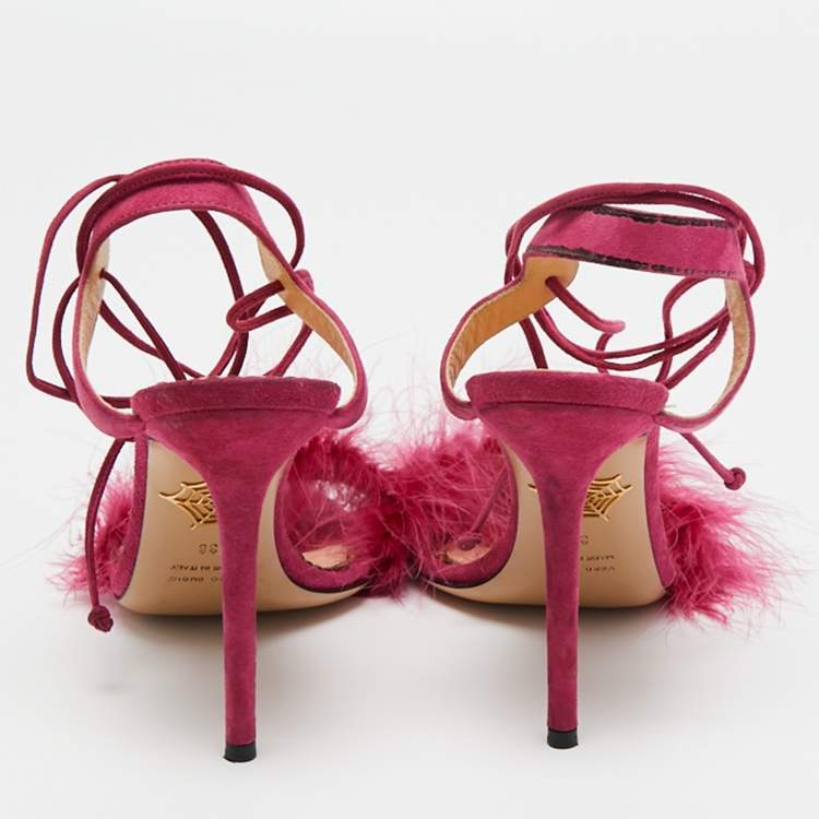 Pre Owned Charlotte Olympia Pink Suede and Fur Ankle Wrap Sandals Size 38