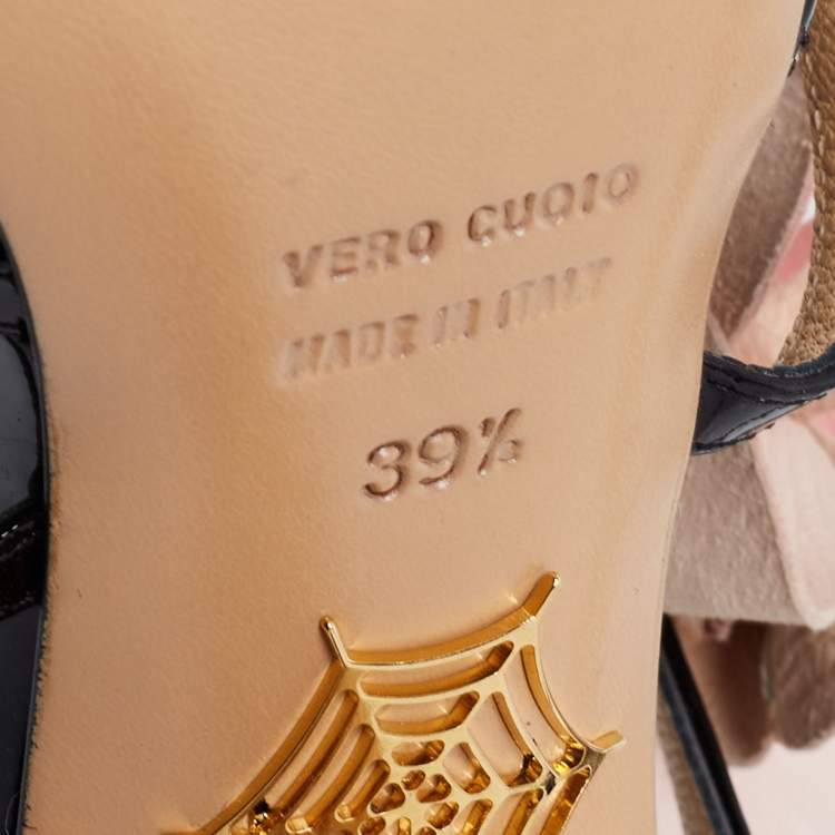 Pre Owned Charlotte Olympia Black/Beige Mesh And Patent Leather Flower Embellished Ankle Strap Sandals Size 39.5