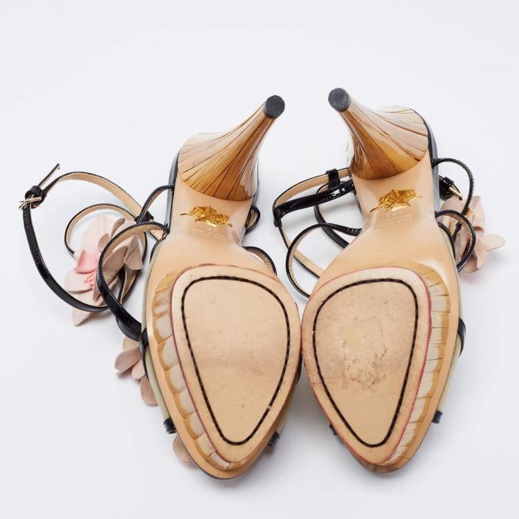 Pre Owned Charlotte Olympia Black/Beige Mesh And Patent Leather Flower Embellished Ankle Strap Sandals Size 39.5