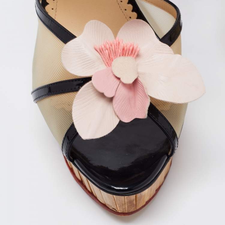 Pre Owned Charlotte Olympia Black/Beige Mesh And Patent Leather Flower Embellished Ankle Strap Sandals Size 39.5
