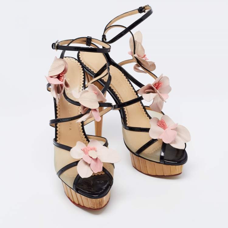 Pre Owned Charlotte Olympia Black/Beige Mesh And Patent Leather Flower Embellished Ankle Strap Sandals Size 39.5