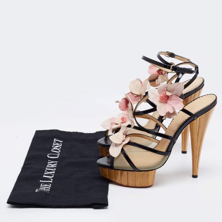 Pre Owned Charlotte Olympia Black/Beige Mesh And Patent Leather Flower Embellished Ankle Strap Sandals Size 39.5
