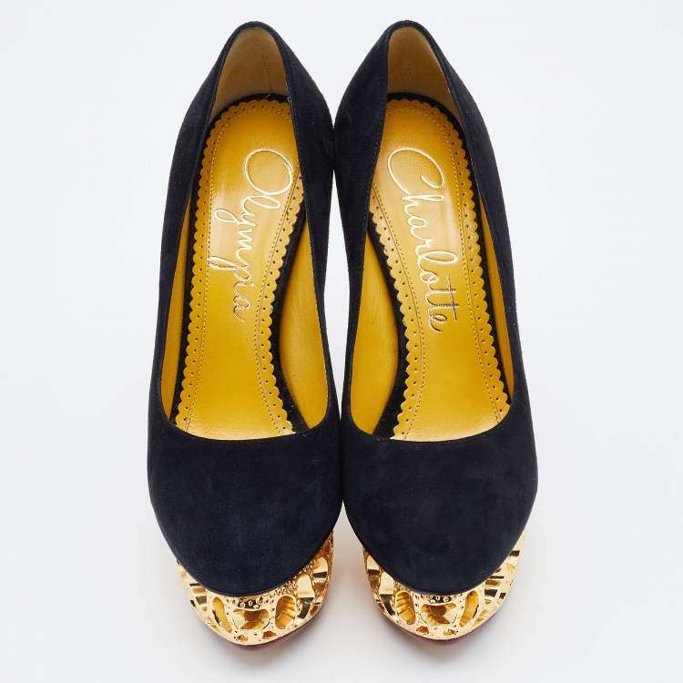 Pre Owned Charlotte Olympia Black Suede Gold Sculptured Heel Objets D'Art Platform Pumps Size 36