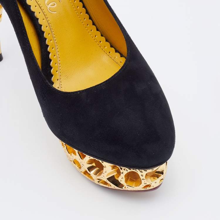 Pre Owned Charlotte Olympia Black Suede Gold Sculptured Heel Objets D'Art Platform Pumps Size 36