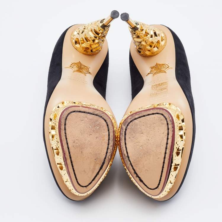 Pre Owned Charlotte Olympia Black Suede Gold Sculptured Heel Objets D'Art Platform Pumps Size 36