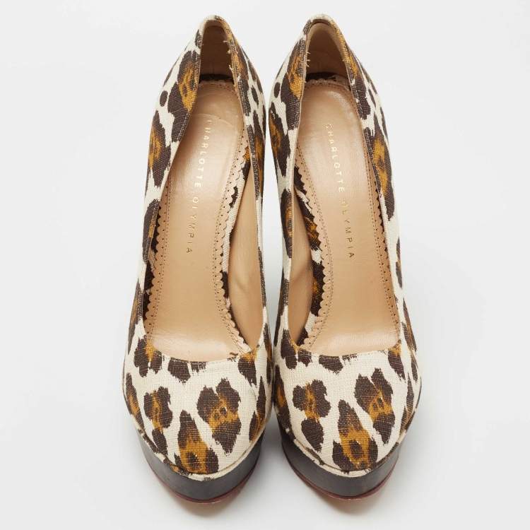Pre Owned Charlotte Olympia Brown Canvas Leopard Print Platform Pumps Size 40 