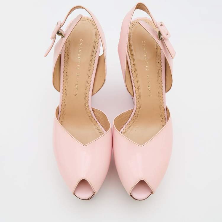 Pre Owned Charlotte Olympia Pink Leather Wedge Platform Slingback Sandals Size 40