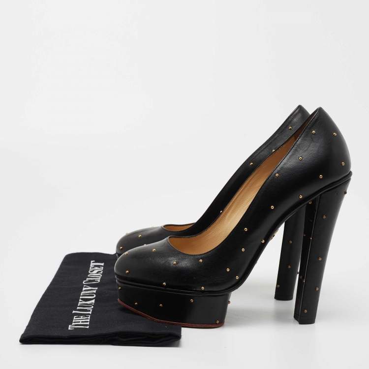 Pre Owned Charlotte Olympia Black Leather Studded Block Heel Pumps Size 40