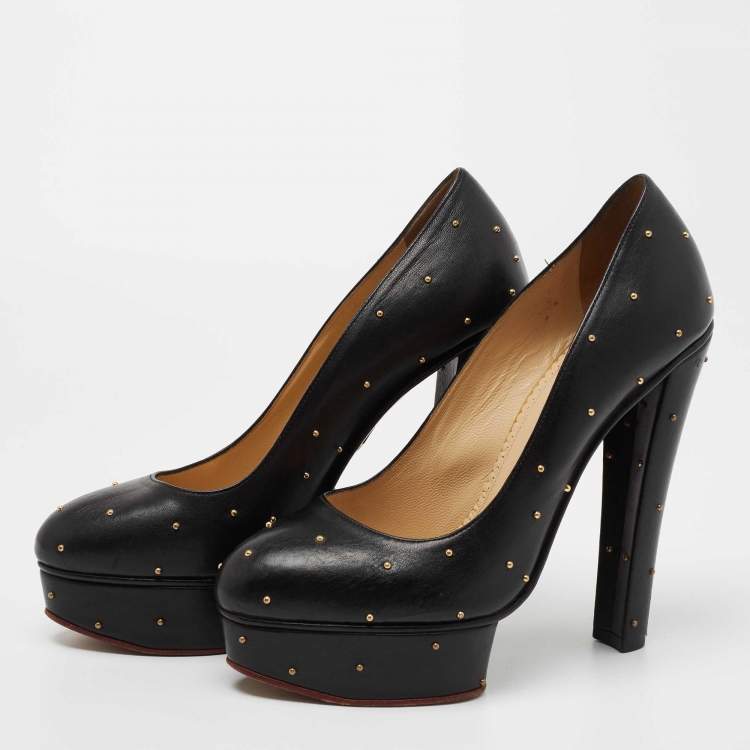 Pre Owned Charlotte Olympia Black Leather Studded Block Heel Pumps Size 40