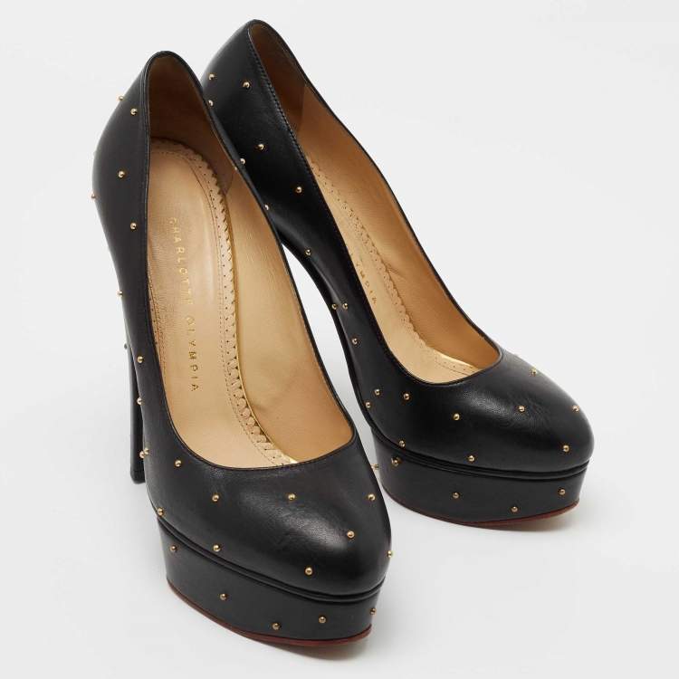 Pre Owned Charlotte Olympia Black Leather Studded Block Heel Pumps Size 40