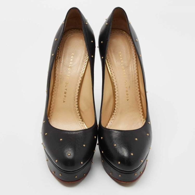 Pre Owned Charlotte Olympia Black Leather Studded Block Heel Pumps Size 40