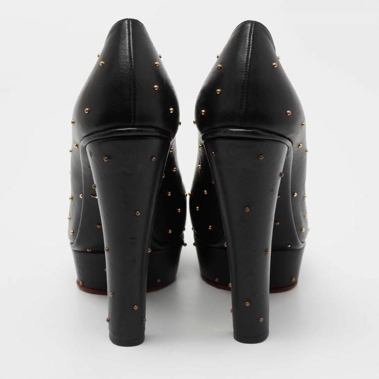 Pre Owned Charlotte Olympia Black Leather Studded Block Heel Pumps Size 40