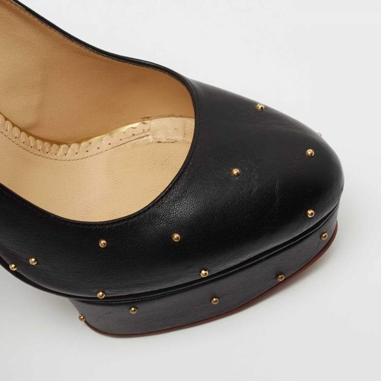 Pre Owned Charlotte Olympia Black Leather Studded Block Heel Pumps Size 40