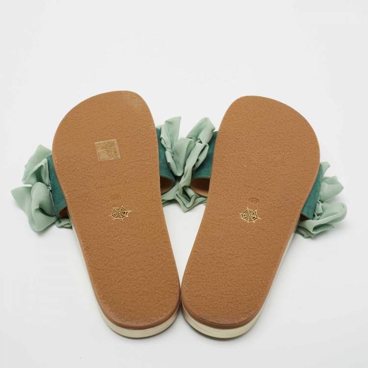 Pre Owned Charlotte Olympia Green Suede and Fabric Knotted Bow Slides Size 40