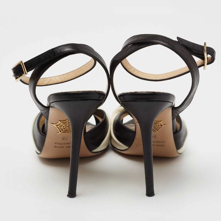 Pre Owned Charlotte Olympia Black/White Leather Do The Twist Ankle Strap Sandals Size 38