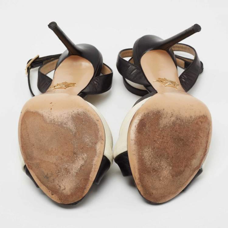 Pre Owned Charlotte Olympia Black/White Leather Do The Twist Ankle Strap Sandals Size 38