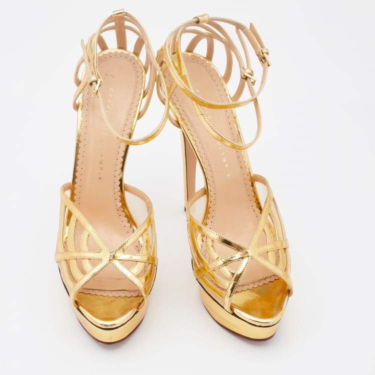 Pre Owned Charlotte Olympia Metallic Gold Patent Leather and Mesh Platform Ankle Strap Sandals Size 41