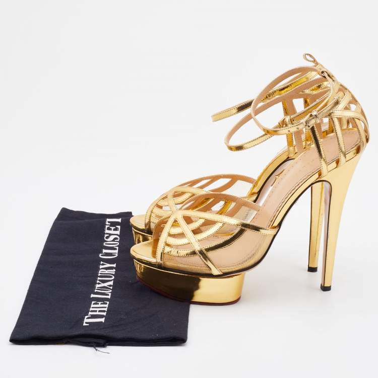 Pre Owned Charlotte Olympia Metallic Gold Patent Leather and Mesh Platform Ankle Strap Sandals Size 41