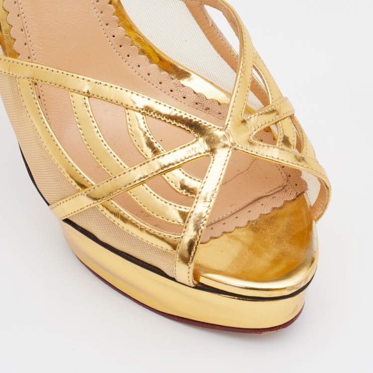 Pre Owned Charlotte Olympia Metallic Gold Patent Leather and Mesh Platform Ankle Strap Sandals Size 41