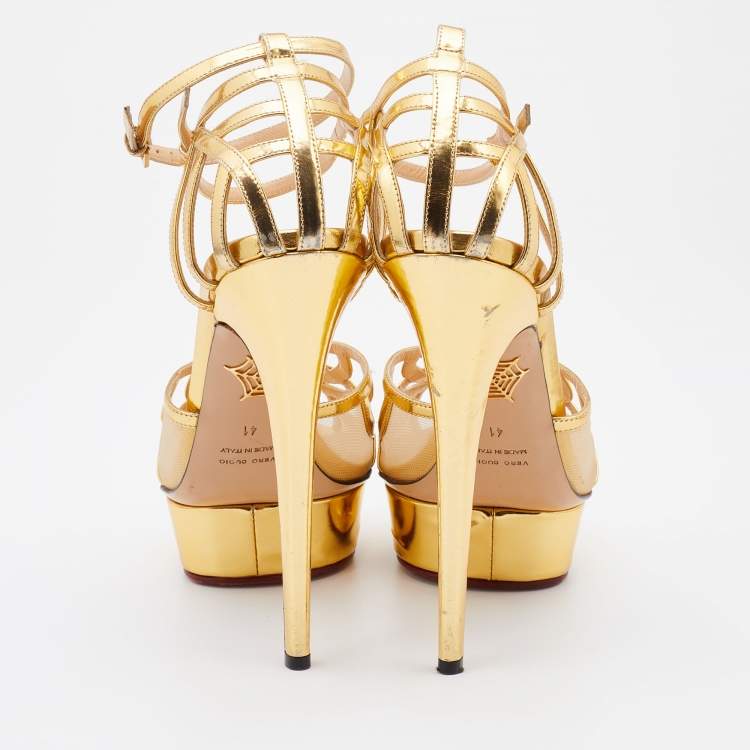 Pre Owned Charlotte Olympia Metallic Gold Patent Leather and Mesh Platform Ankle Strap Sandals Size 41