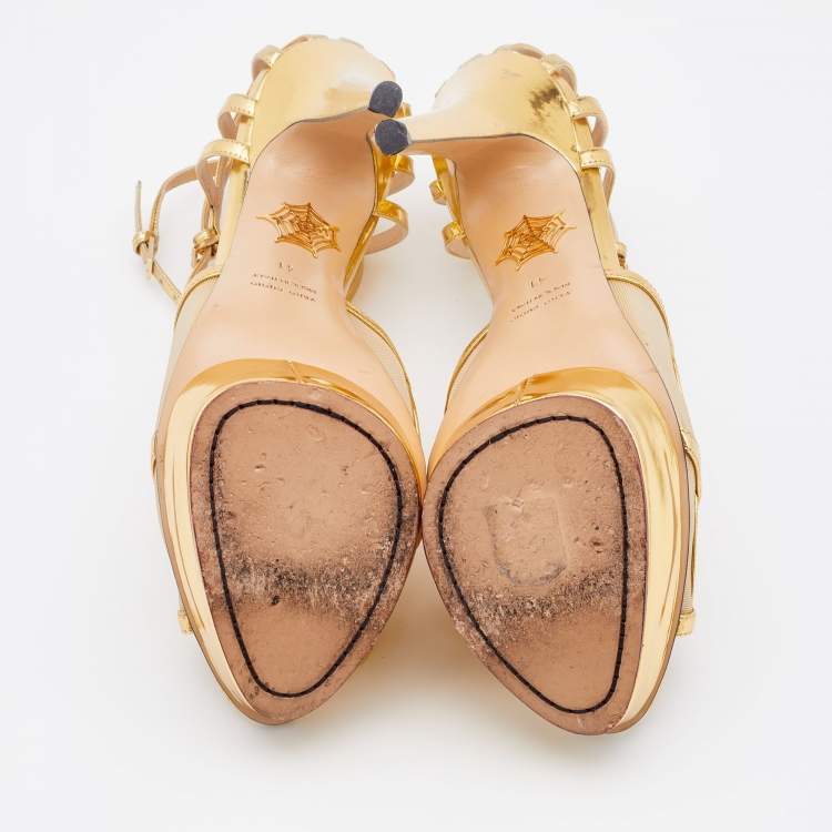 Pre Owned Charlotte Olympia Metallic Gold Patent Leather and Mesh Platform Ankle Strap Sandals Size 41